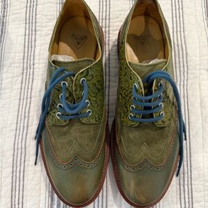 John Fluevog Olive Oxfords with Blue Laces